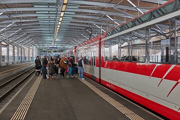 Image showing Zermatt Shuttle train in the Swiss Alps arriving at station