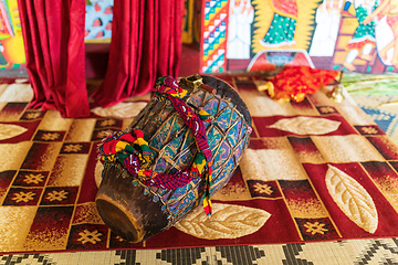 Image showing religious drum inside in monastery on Lake Tana, Ethiopia Africa