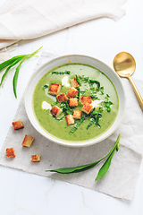 Image showing Ramson or bear leek soup with crouton and sour cream