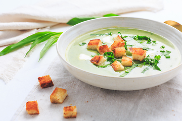 Image showing Ramson or bear leek soup with crouton and sour cream