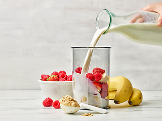 Image showing fresh milk pouring into blender container