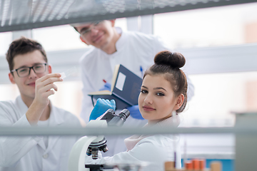 Image showing Group of young medical students doing research