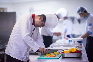 Image showing Chef cutting fresh and delicious vegetables