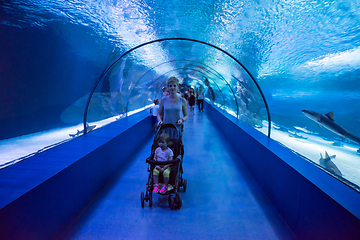 Image showing happy family  in the underwater aquarium