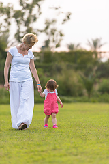 Image showing mother and little daughter playing at backyard