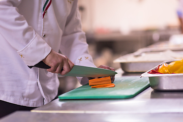 Image showing Chef hands cutting fresh and delicious vegetables