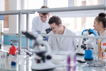 Image showing Group of young medical students doing research