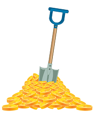 Image showing Heap of the golden coins and tool shovel