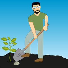 Image showing Man boarding the plants concerns with with shovel