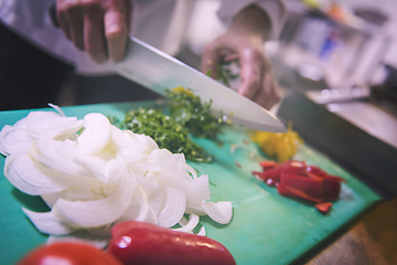 Image showing Chef hands cutting fresh and delicious vegetables