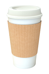 Image showing Blank white takeaway coffee cup with cover and sleeve isolated on white background