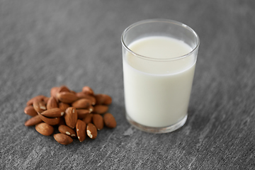 Image showing glass of lactose free milk and almonds on table