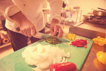 Image showing Chef hands cutting fresh and delicious vegetables