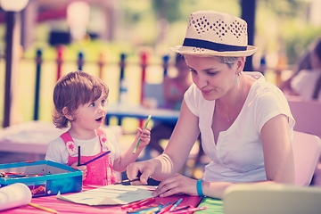 Image showing mom and little daughter drawing a colorful pictures