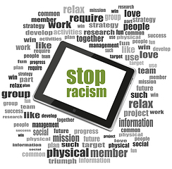 Image showing Text stop racism. Social concept . Tablet Pc. Word cloud collage