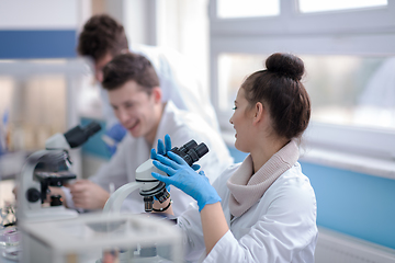 Image showing Group of young medical students doing research