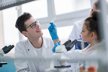 Image showing Group of young medical students doing research