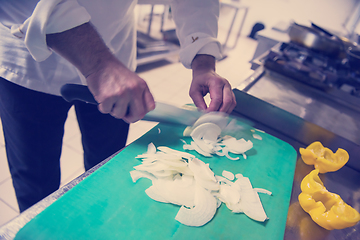 Image showing Chef hands cutting fresh and delicious vegetables