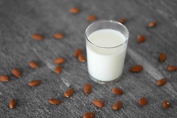 Image showing glass of lactose free milk and almonds on table