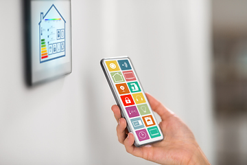 Image showing hand with smart home icons on smartphone screen