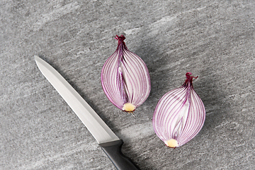 Image showing cut red onion and knife on slate stone background