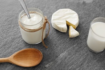 Image showing white cheese, homemade yogurt, milk and spoon