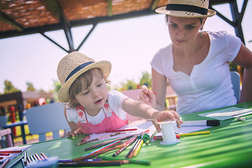 Image showing mom and little daughter drawing a colorful pictures