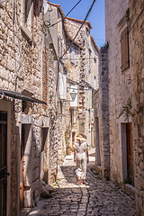 Image showing Rear view of beautiful blonde young female traveler wearing straw sun hat sightseeing and enjoying summer vacation in an old traditional costal town at Adriatic cost, Croatia