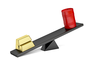 Image showing Gold bars and oil drum on seesaw