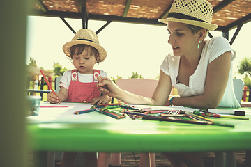 Image showing mom and little daughter drawing a colorful pictures