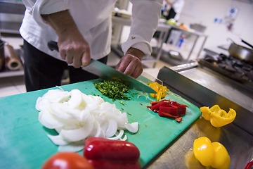 Image showing Chef hands cutting fresh and delicious vegetables