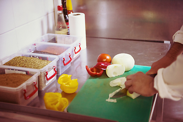 Image showing Chef hands cutting fresh and delicious vegetables