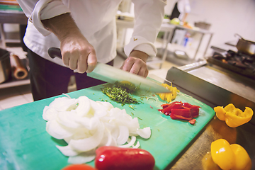 Image showing Chef hands cutting fresh and delicious vegetables