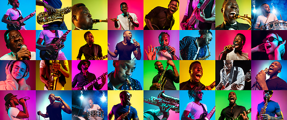 Image showing Collage of young people in neon light on multicolored background