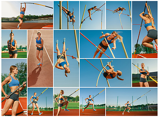 Image showing Female high jumper training at the stadium in sunny day