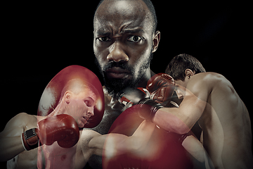 Image showing Creative collage of fit male boxers on black studio background