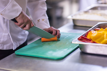 Image showing Chef hands cutting fresh and delicious vegetables