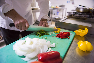 Image showing Chef hands cutting fresh and delicious vegetables