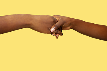 Image showing Close up shot of human holding hands isolated on yellow studio background.