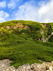 Image showing Polish Tatra mountains summer landscape with blue sky and white clouds.