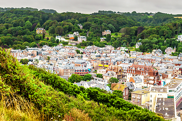 Image showing Panorama of natural chalk cliffs of Etretat