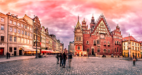 Image showing Wroclaw Market Square with Town Hall during sunset evening, Poland, Europe