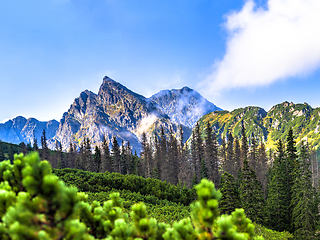 Image showing Polish Tatra mountains summer landscape with blue sky and white clouds.