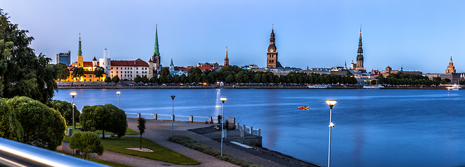 Image showing Traditional Riga skyline during blue hour.