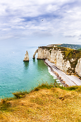 Image showing Panorama of natural chalk cliffs of Etretat