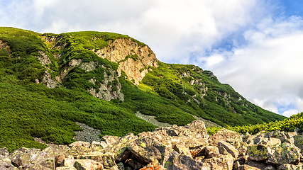 Image showing Polish Tatra mountains summer landscape with blue sky and white clouds.