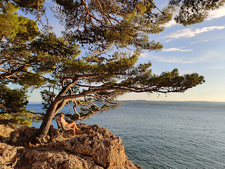 Image showing Pensive woman on vacations, sitting and relaxing under large pine tree on bench by dip blue sea enjoying beautiful sunset light in Brela, Makarska region, Dalmatia, Croatia