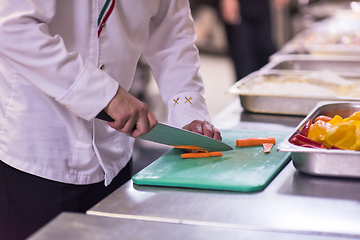 Image showing Chef hands cutting fresh and delicious vegetables