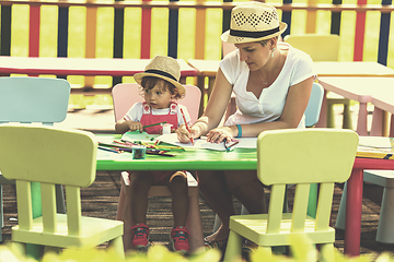 Image showing mom and little daughter drawing a colorful pictures