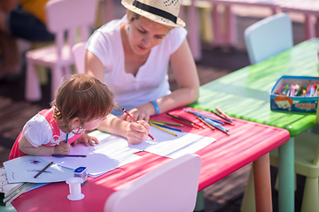 Image showing mom and little daughter drawing a colorful pictures